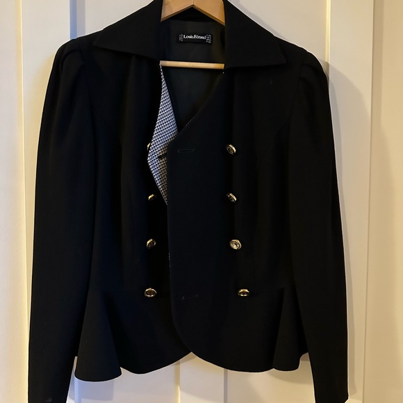 Louis Feraud waist length jacket with ruffle bottom over top of hips. - Picture 1 of 10